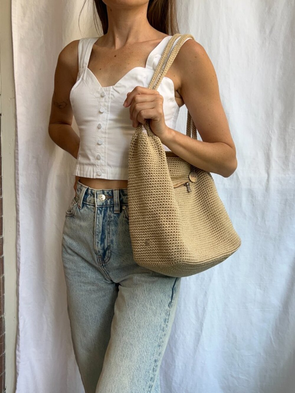 The Sak Original Crochet Tote Bag Beige Woven Shoulder Purse - Picture 3 of 7